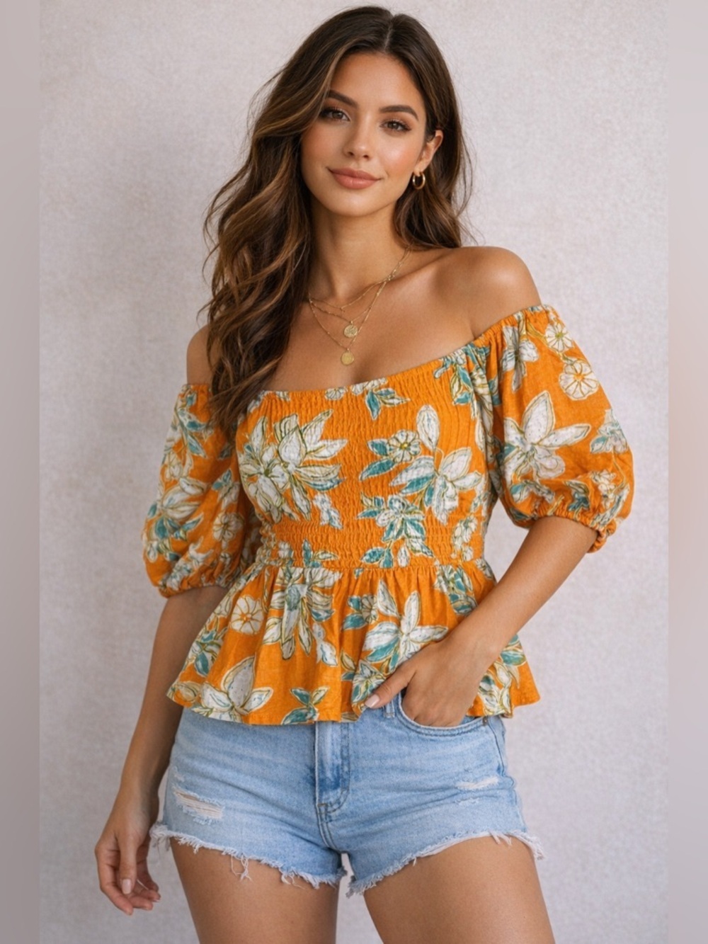 Flying Tomato Orange Floral Linen Off Shoulder Puff Sleeve Blouse M
